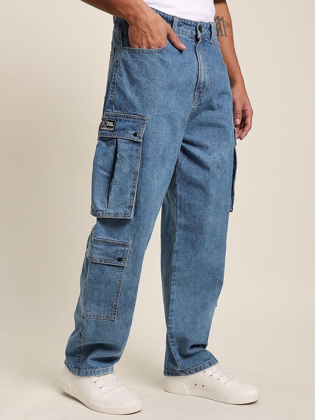 Bene Kleed Men Non Stretchable Pure Cotton Clean Look Mid Rise Baggy Fit Cargo Jeans