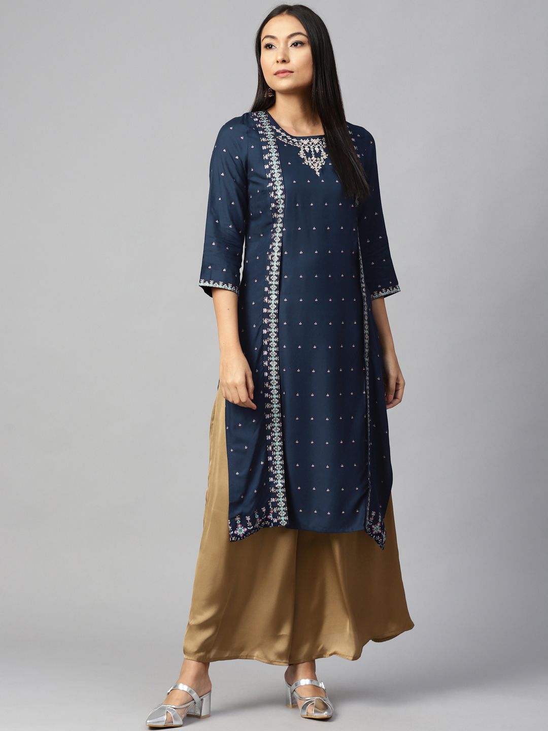 W Women Navy Blue Ethnic Printed Straight Kurta