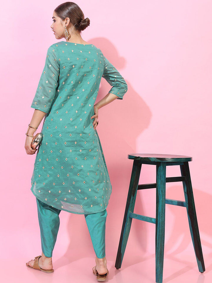 Vishudh Women Turquoise Blue Embroidered Kurta Set