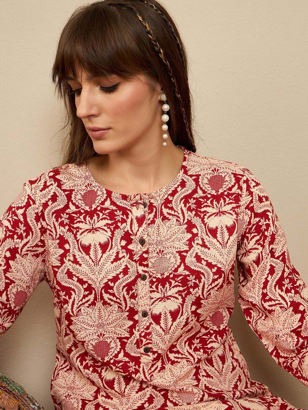 Indo Era Floral Printed Round Neck Straight Kurta