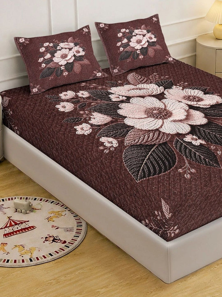 KLOTTHE Coklat & Pink Floral 400 TC Cadar King dengan 2 Sarung Bantal