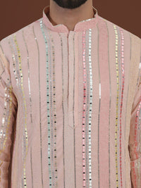 SOJANYA LUXE  Striped Embroidered Mirror Work Straight Kurta With Pyjama