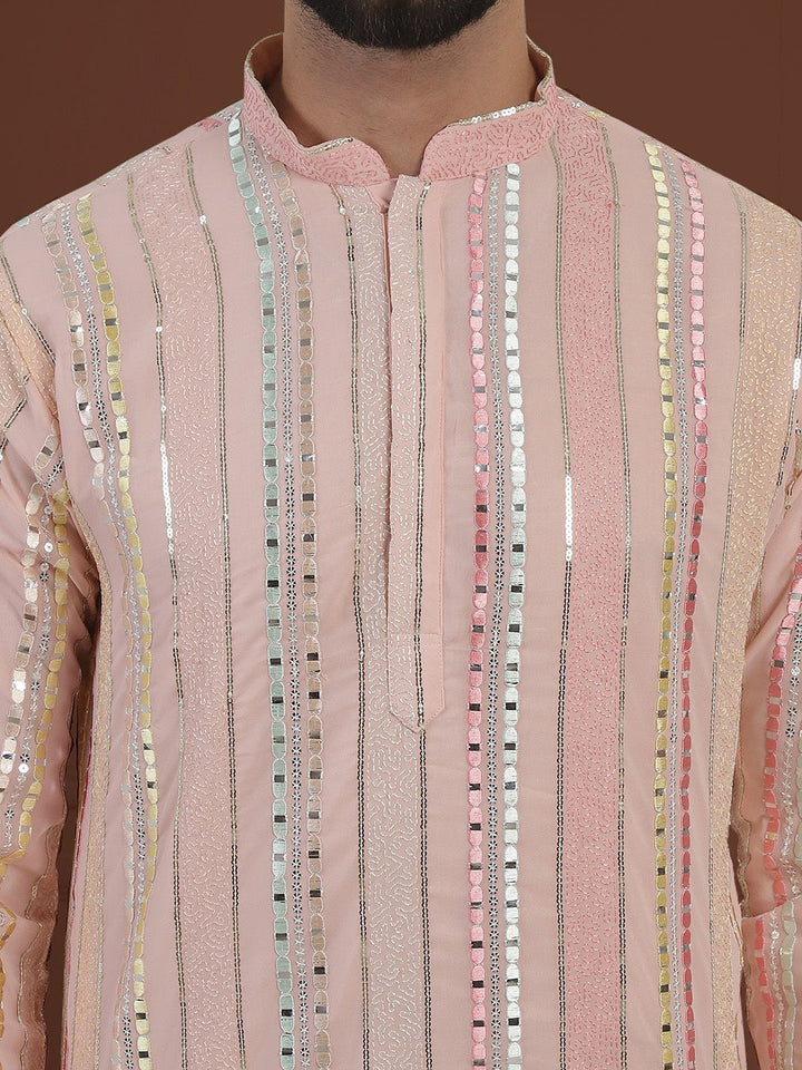 SOJANYA LUXE  Striped Embroidered Mirror Work Straight Kurta With Pyjama
