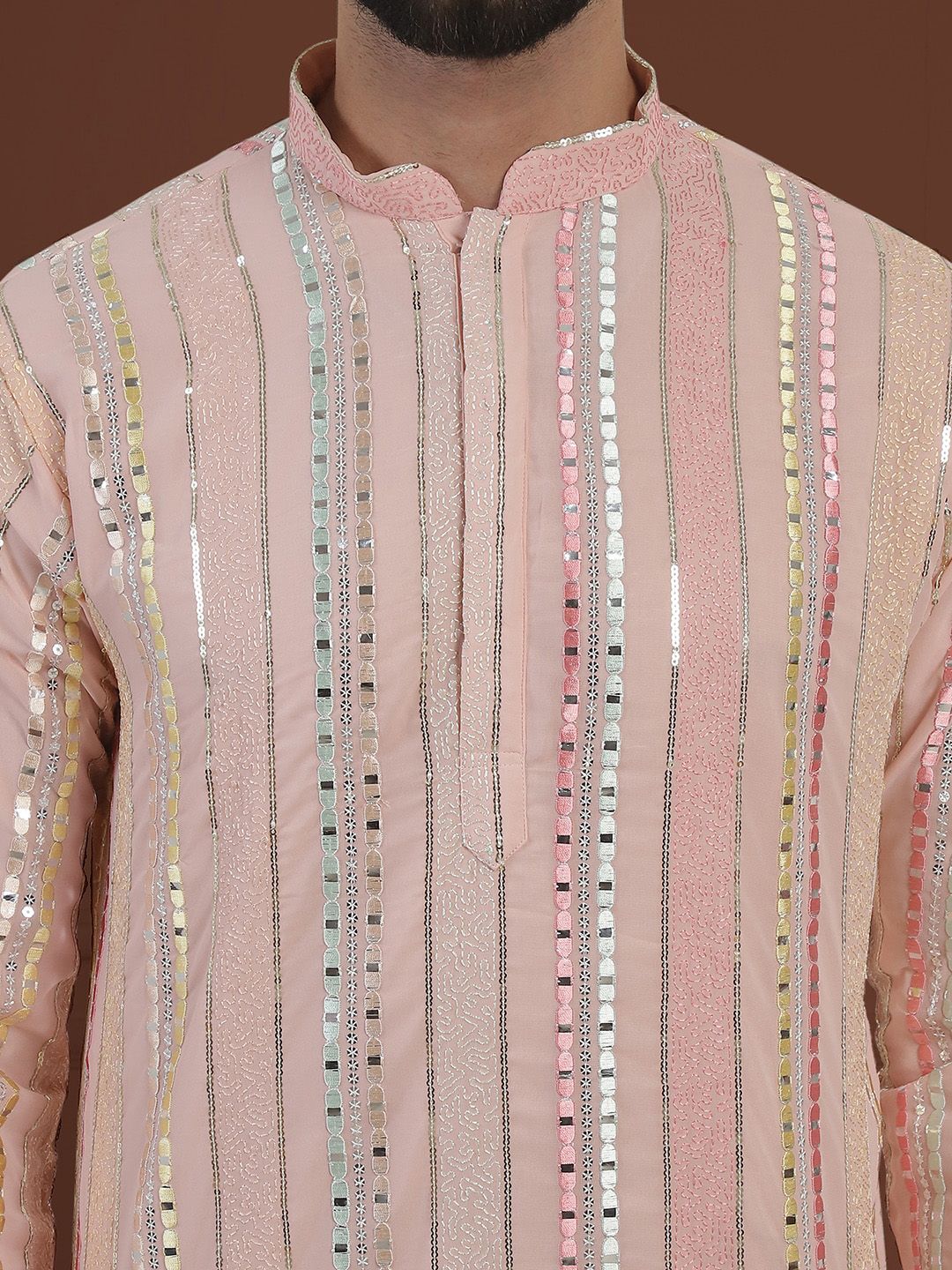 SOJANYA LUXE  Striped Embroidered Mirror Work Straight Kurta With Pyjama