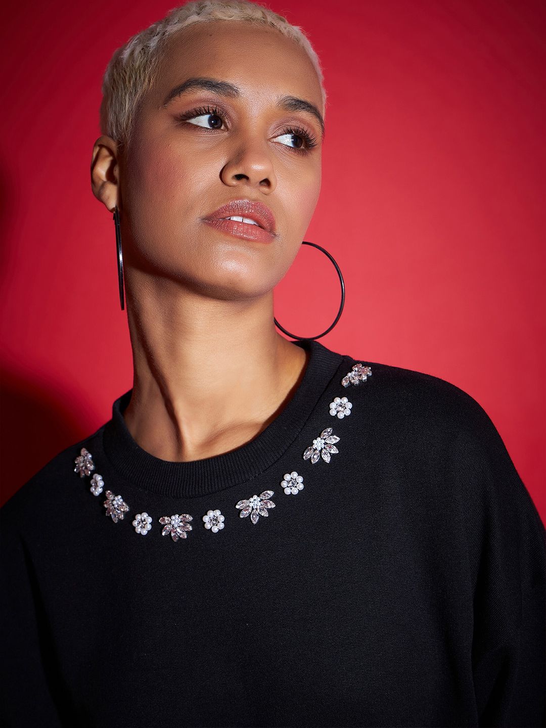 SASSAFRAS Black Floral Embellished Round Neck Cotton Pullover Sweatshirt