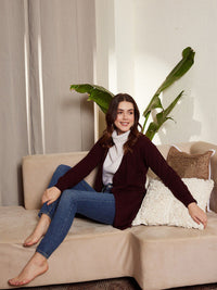 Berrylush Maroon Ribbed Longline Front Open Sweater