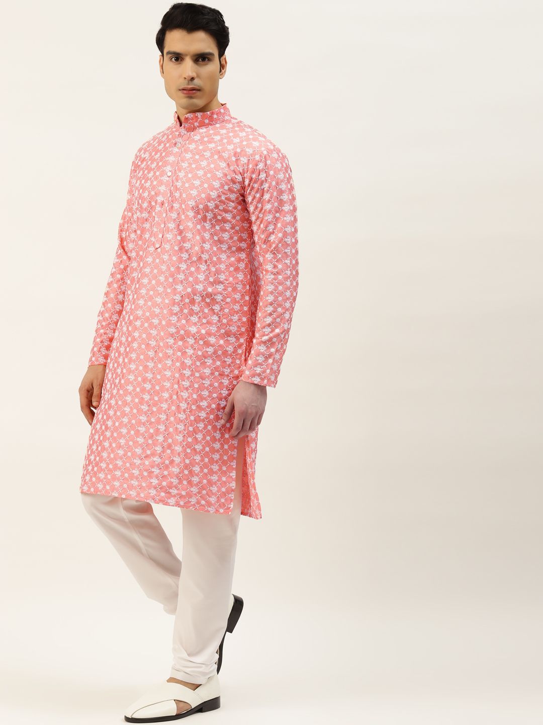 SOJANYA Men Pink & White Embroidered Thread Work Kurta with Churidar & Nehru Jacket