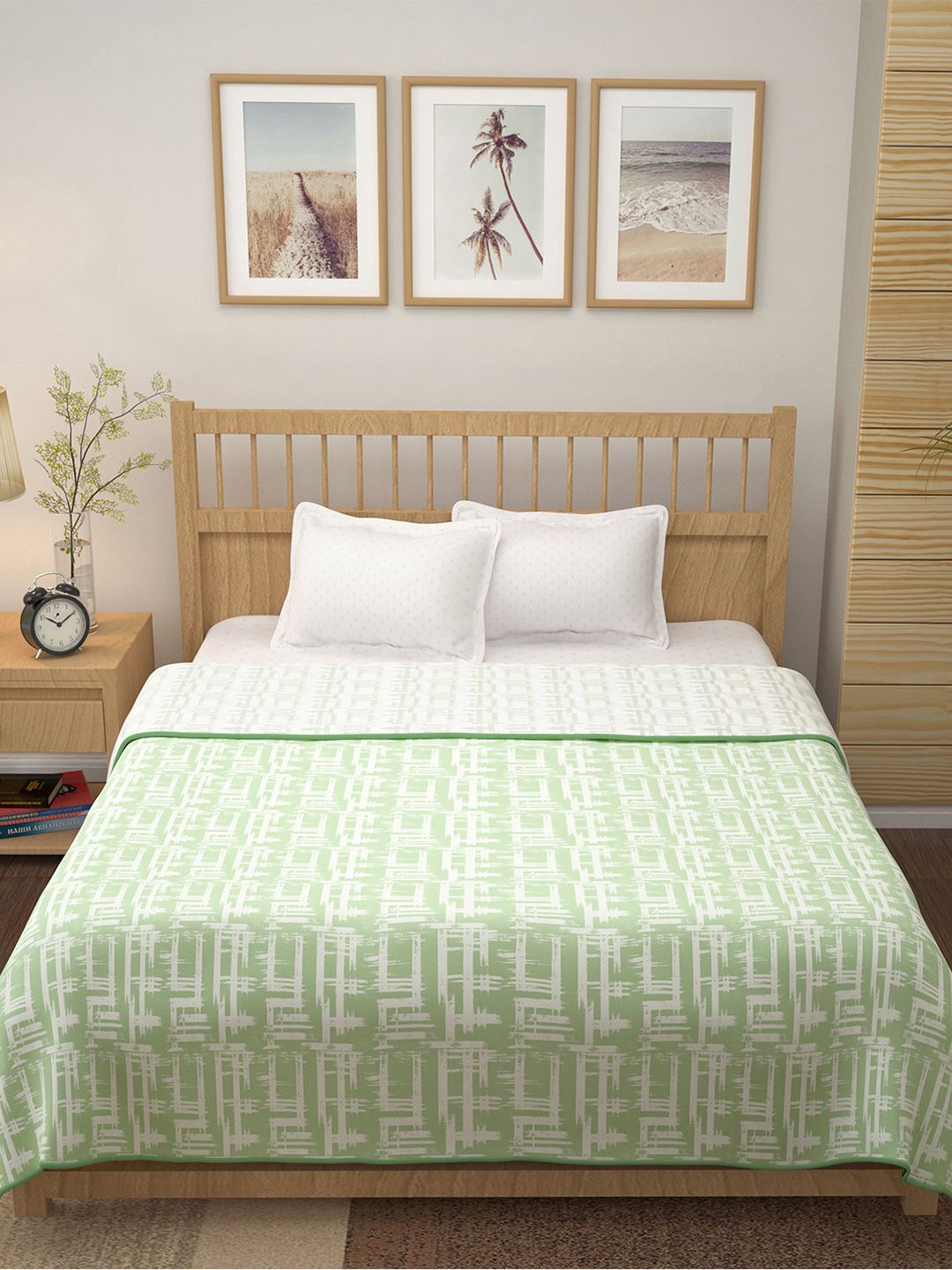 Story@home White & Green Printed AC Room 150 GSM Reversible Cotton Double Bed Dohar