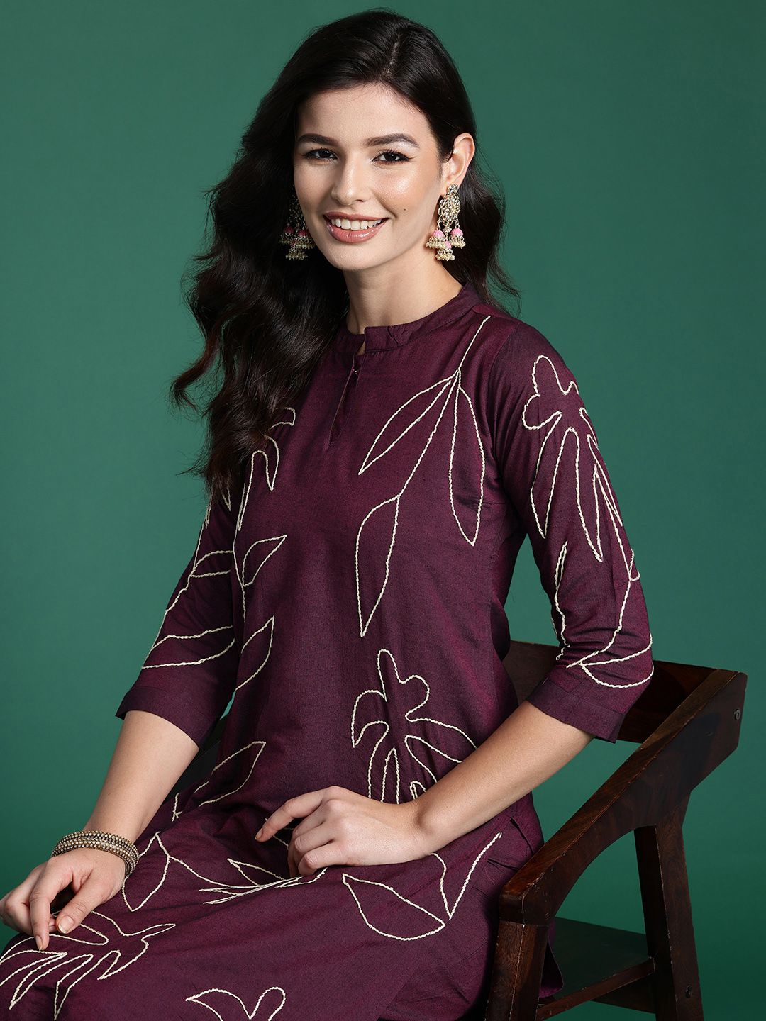 Indo Era Floral Embroidered Thread Work Pure Cotton Kurta with Trousers