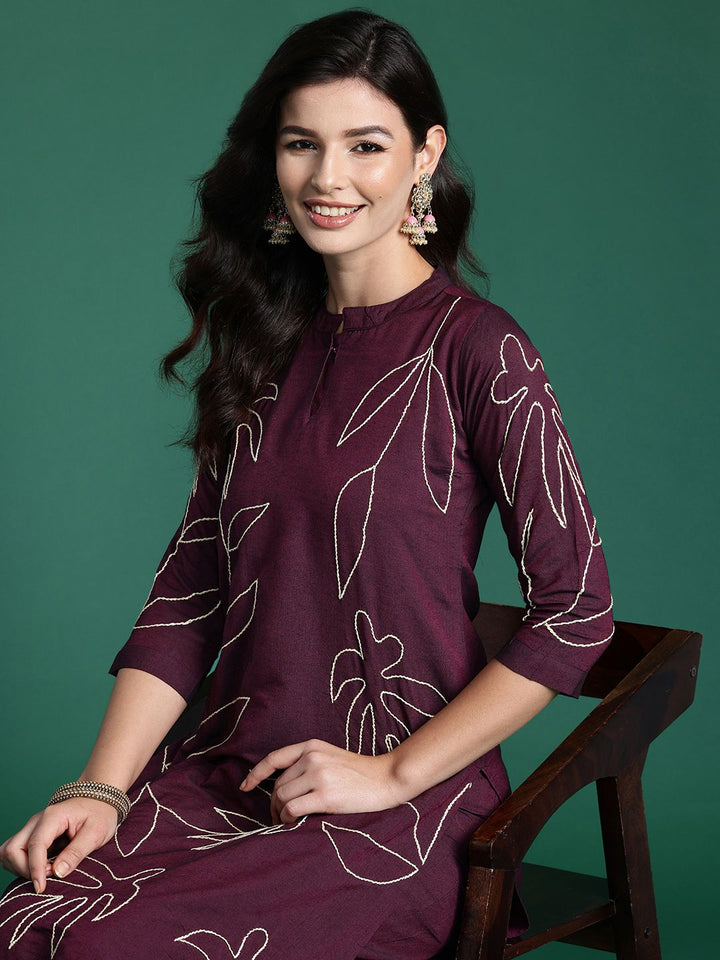 Indo Era Floral Embroidered Thread Work Pure Cotton Kurta with Trousers