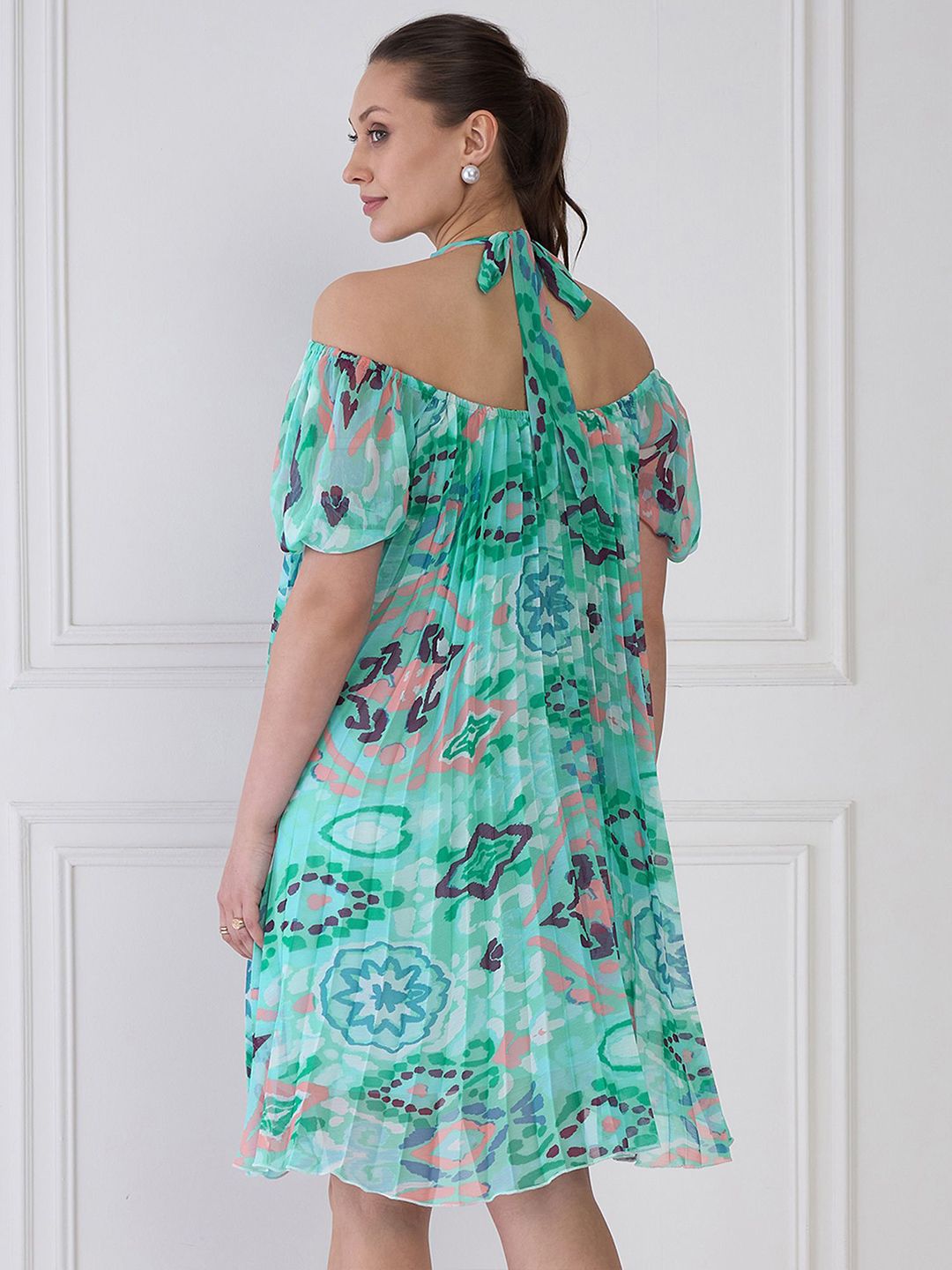 Antheaa Sea Blue Floral Print Halter Neck Pleated A-Line Dress