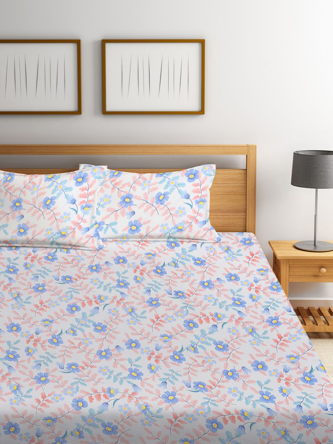 KLOTTHE Multicoloured Floral 300 TC King Size Fitted Bedsheet with 2 Pillow Covers