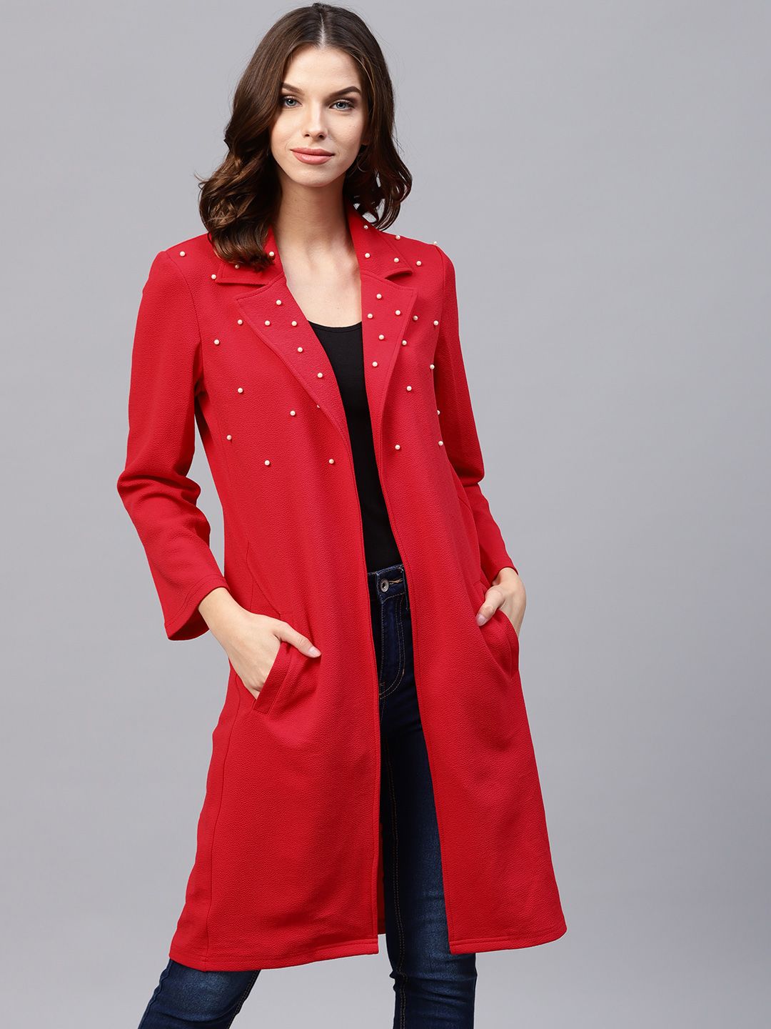Athena Red Solid Longline Open Front Shrug