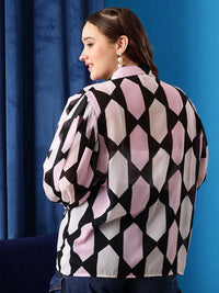 CURVY STREET Plus Size Black Comfort Geometric Printed Oversized Casual Shirt