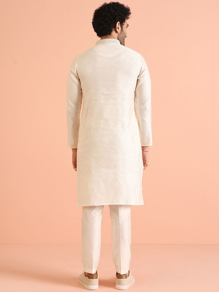 KISAH Mandarin Collar Woven Design Thread Work Cotton Straight Kurta