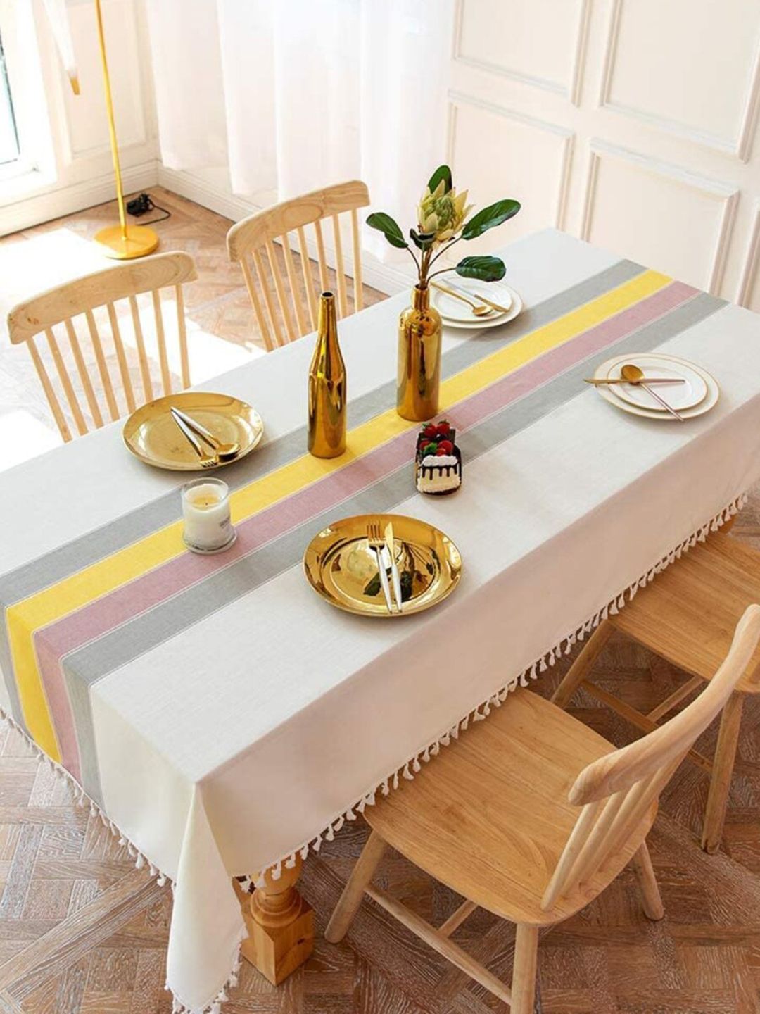 URBAN SPACE Yellow & White 4 Seater Striped Table Cloth