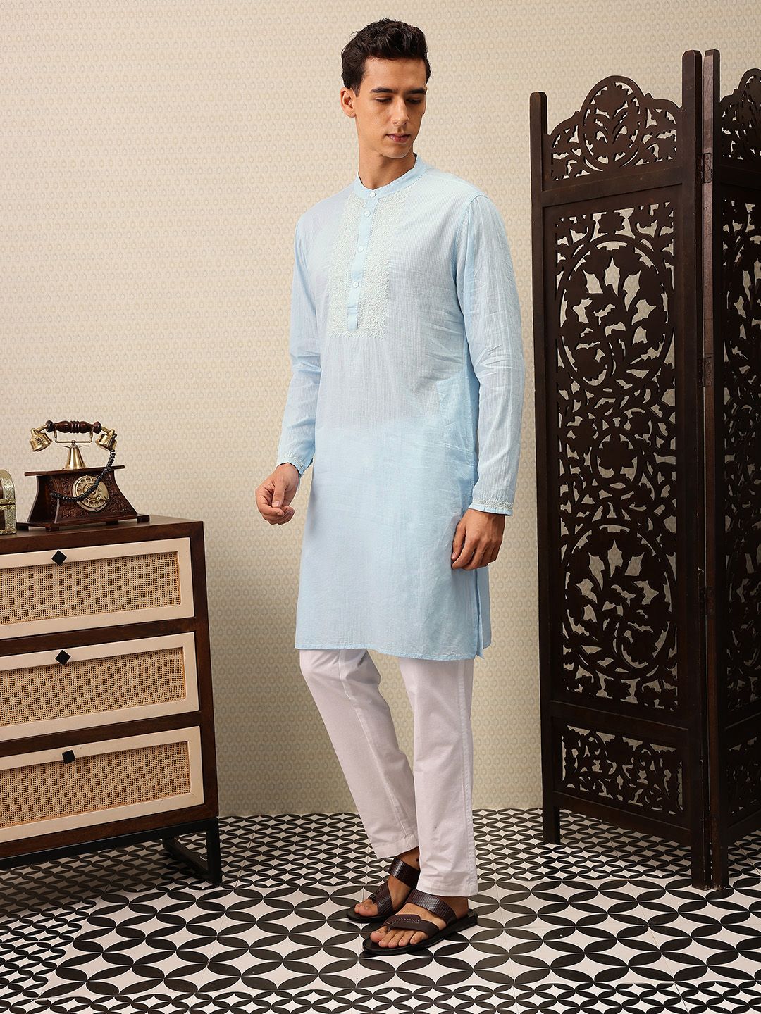House of Pataudi Striped & Embroidered Jashn Kurta