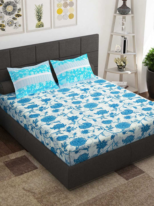 Story@home Blue White Floral Cotton 144 TC Queen Bedsheet With 2 Pillow Covers