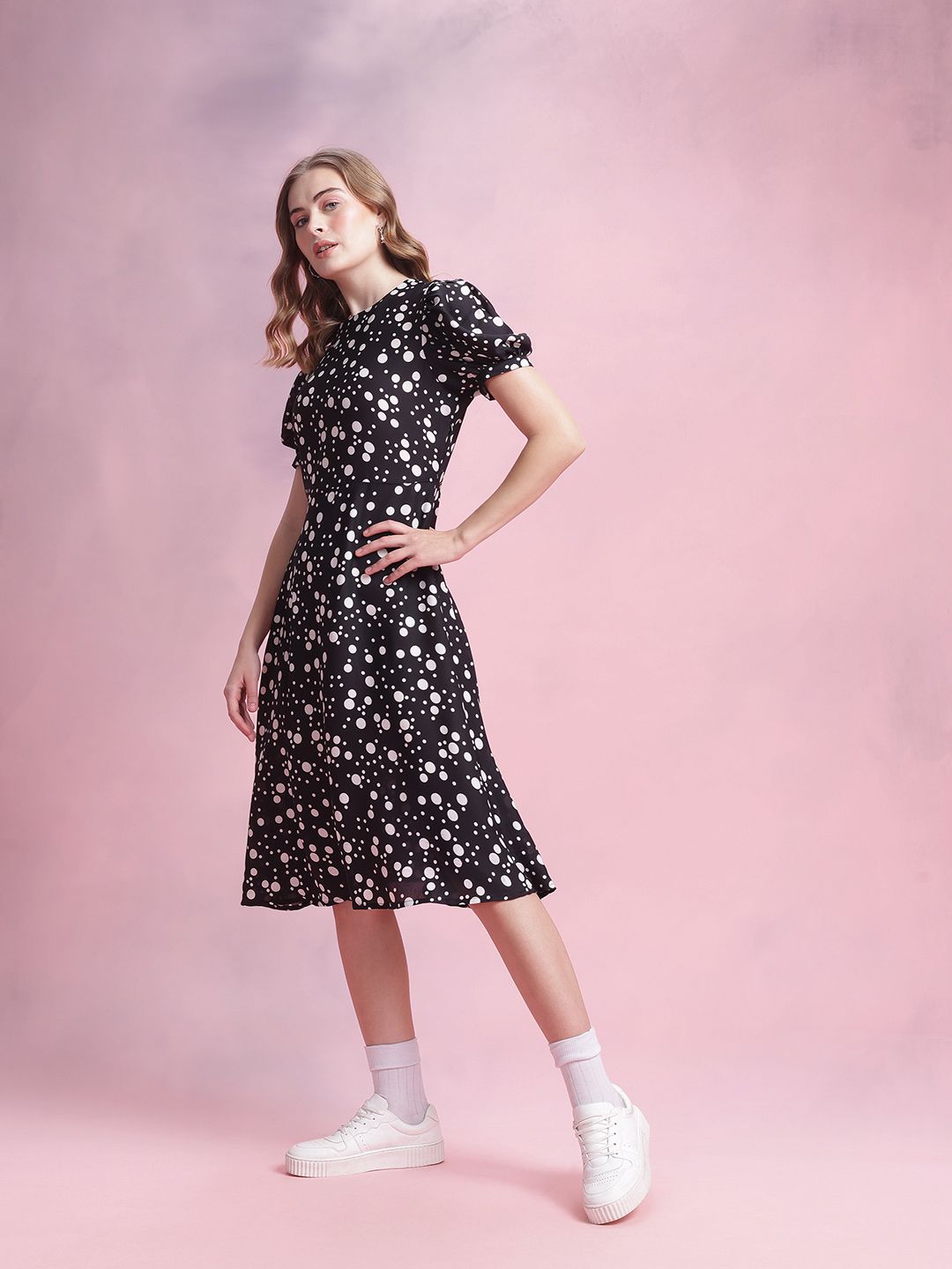 DressBerry Printed Puff Sleeve A-Line Midi Dress
