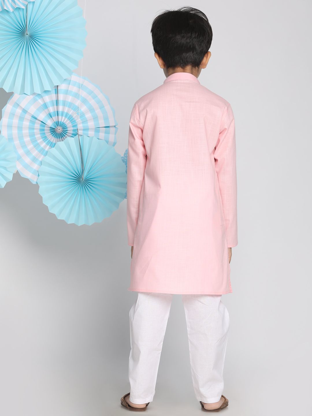 VASTRAMAY Boys Pink & White Solid Kurta with Pyjamas