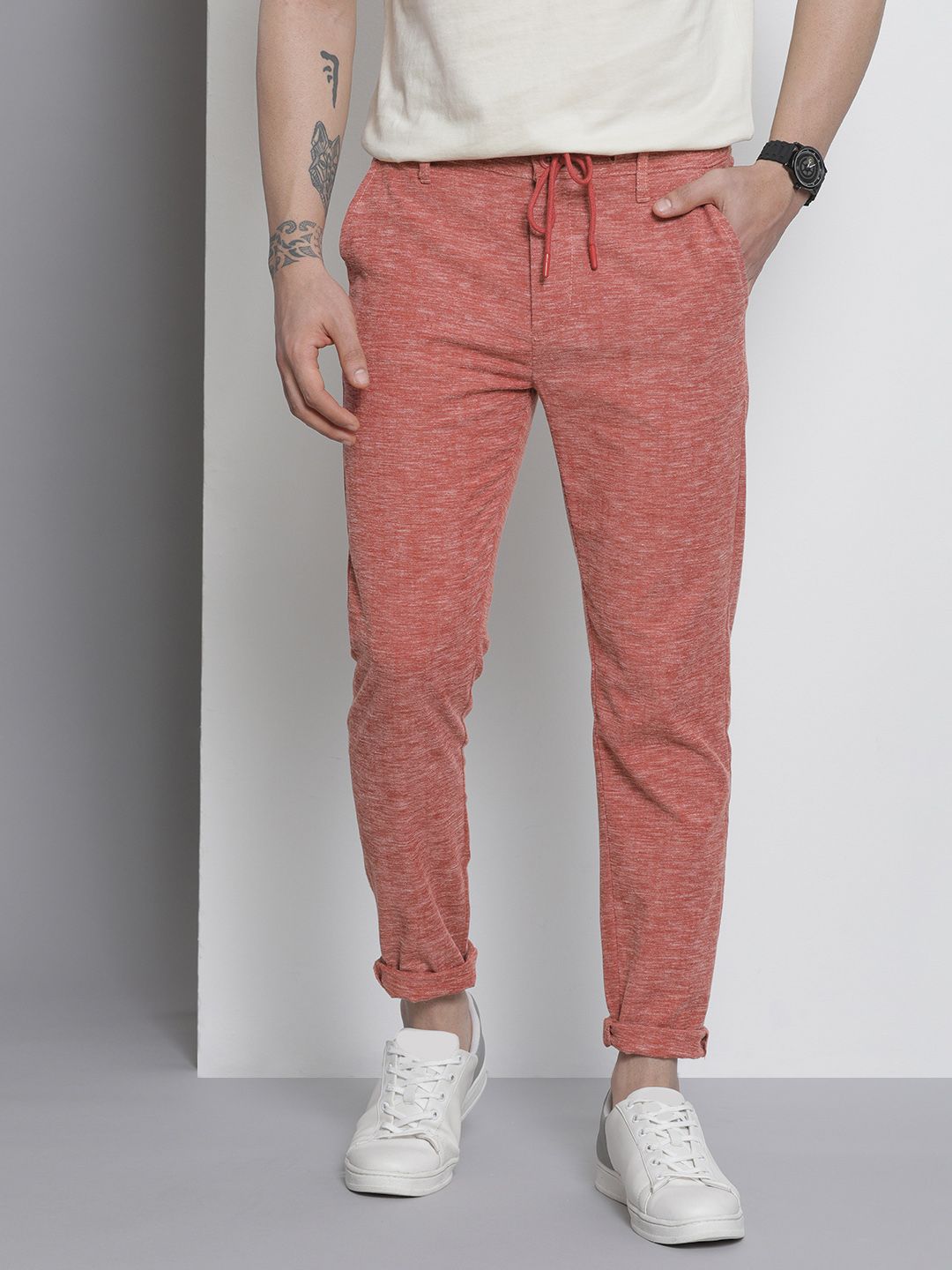 The Indian Garage Co Men Rust Red Melange Effect Slim Fit Trousers