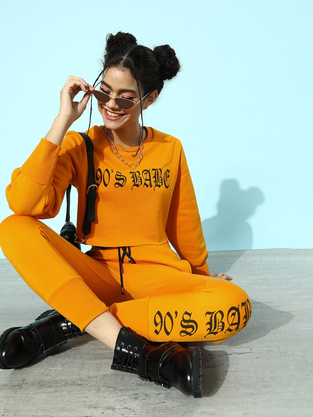 STREET 9 Women Bright Orange Typography Cropped Sweatshirt