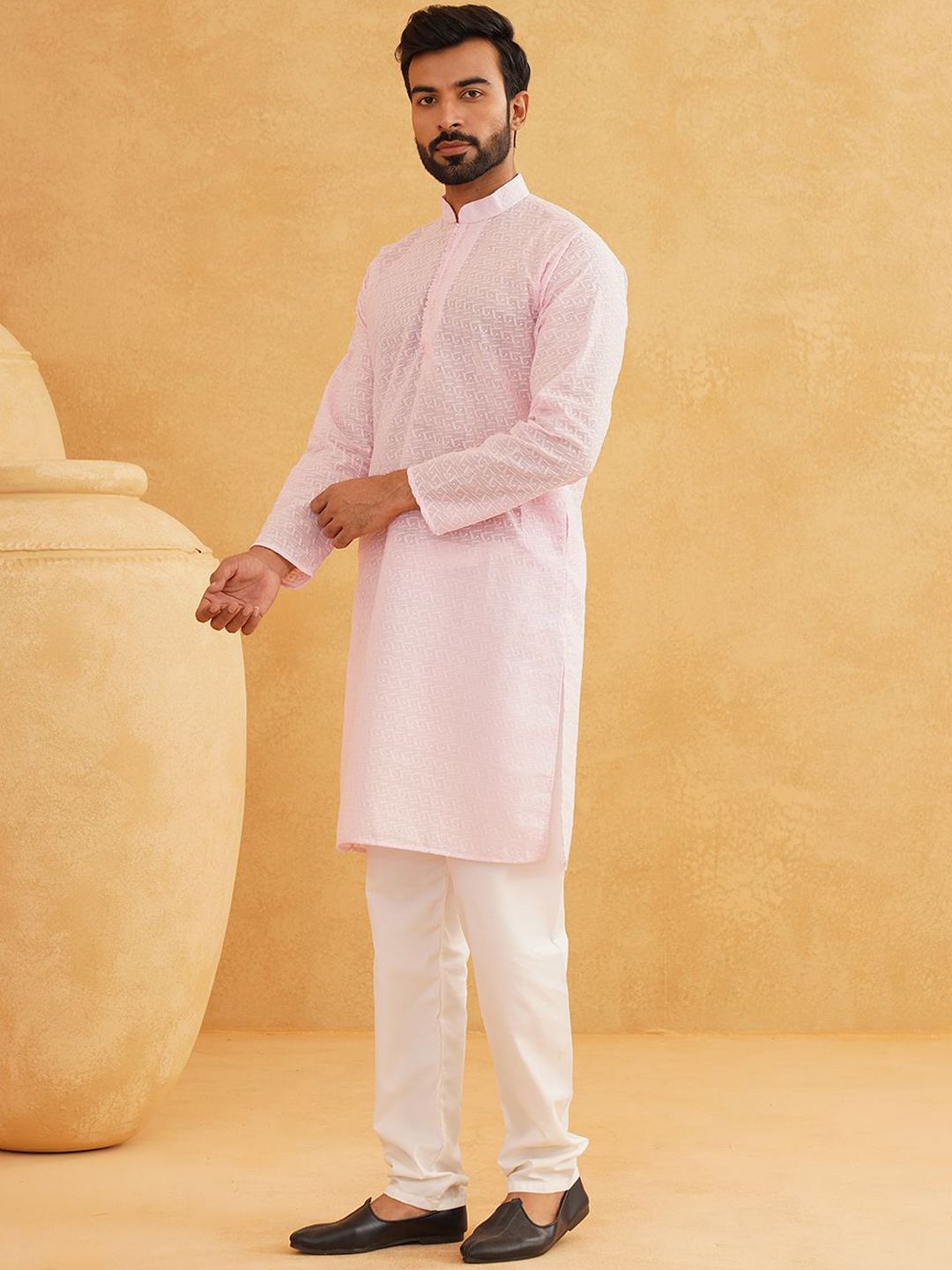 SOJANYA Geometric Embroidered Regular Pure Cotton Straight Kurta With Churidar