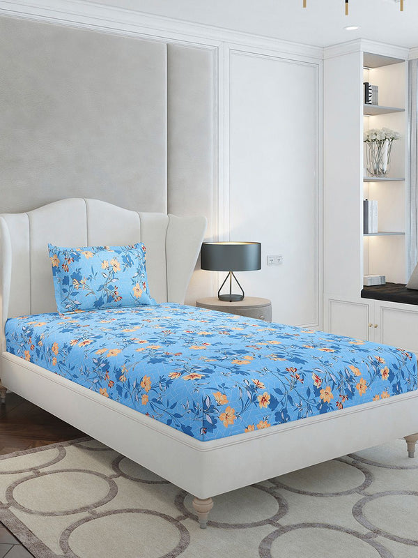 Monte Carlo Blue & Yellow Floral Printed Cotton 104 TC Single Bedsheet Set-2.24 m x 1.52 m
