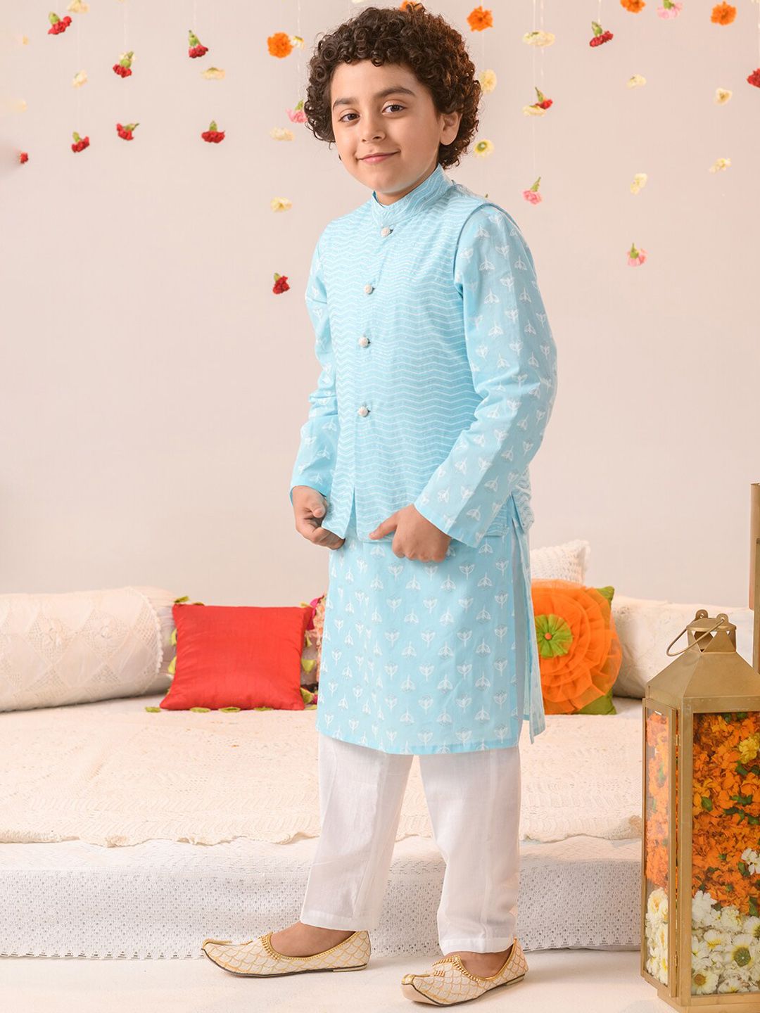 pspeaches Boys Striped Pure Cotton Kurta with Pyjamas & Nahru Jacket