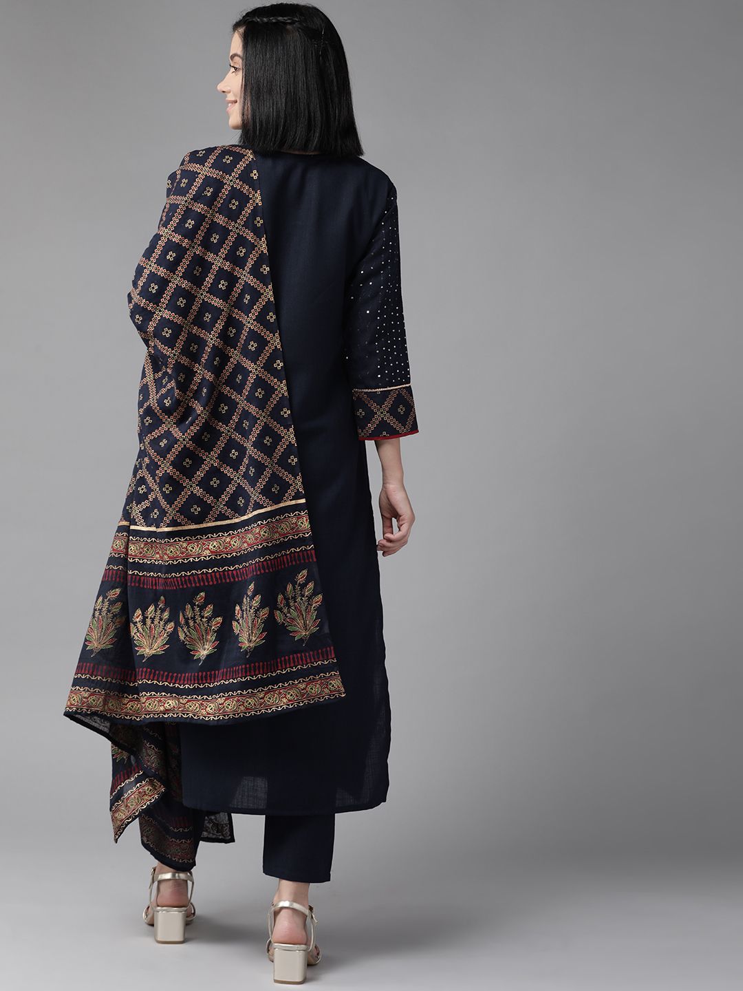 Indo Era Women Navy Blue & Silver Sequin Stripes Kurta with Trousers & Dupatta