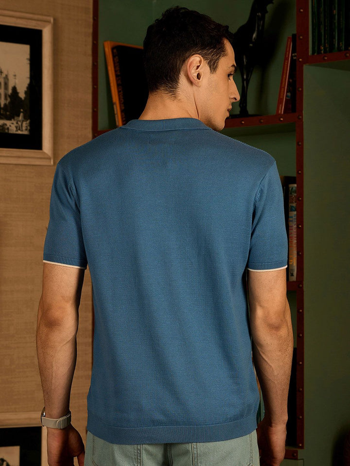 DENNISON Men Textured Polo Collar Knitted T-Shirt