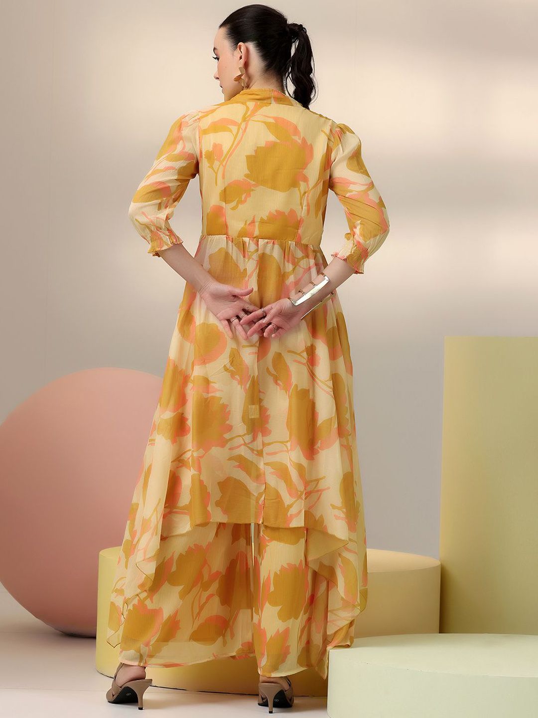 Libas Beige Floral Printed V-Neck Tunic with Palazzo