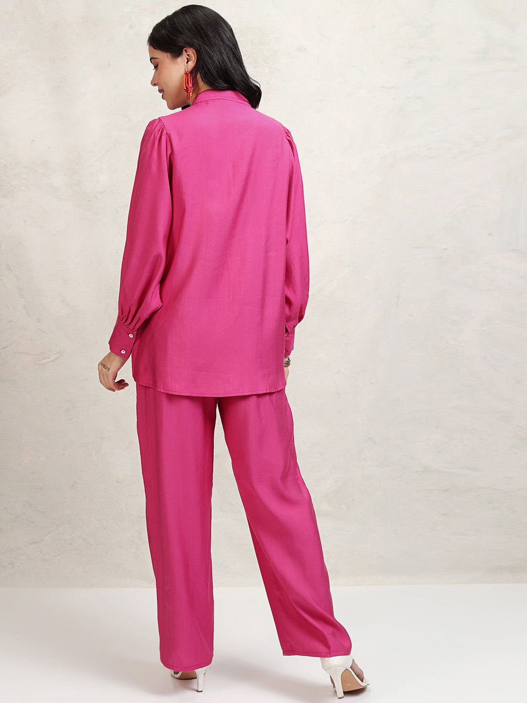 Vishudh Fuchsia Mandarin Collar Puffed Sleeves Tunic With Palazzos