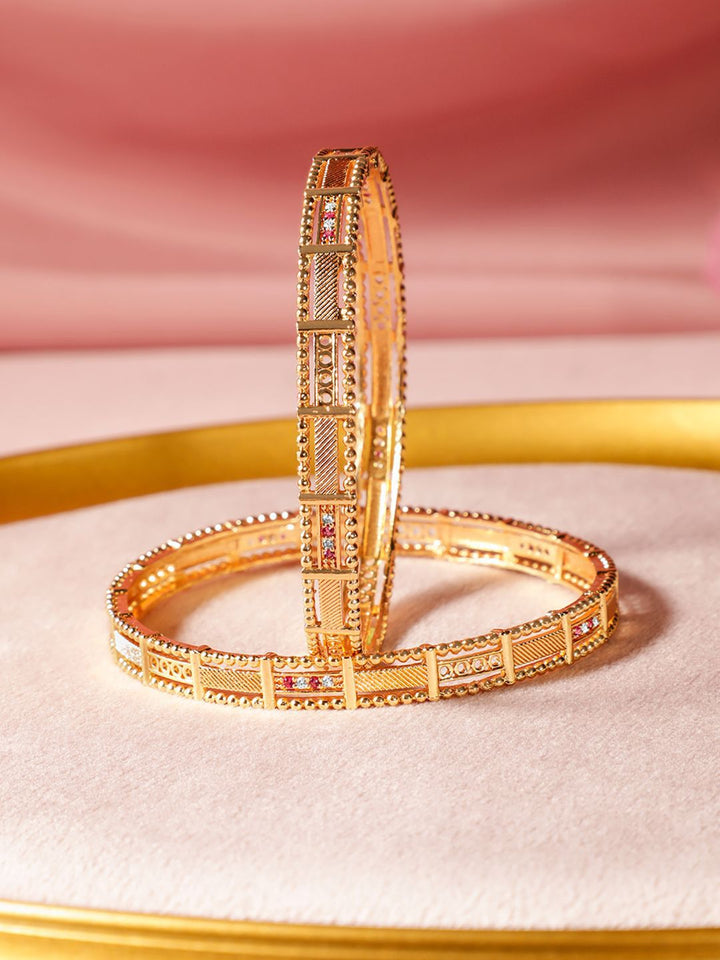 Rubans Set of 2, 18K Gold-Plated Rectangular Motif Bangles with Intricate Detailing