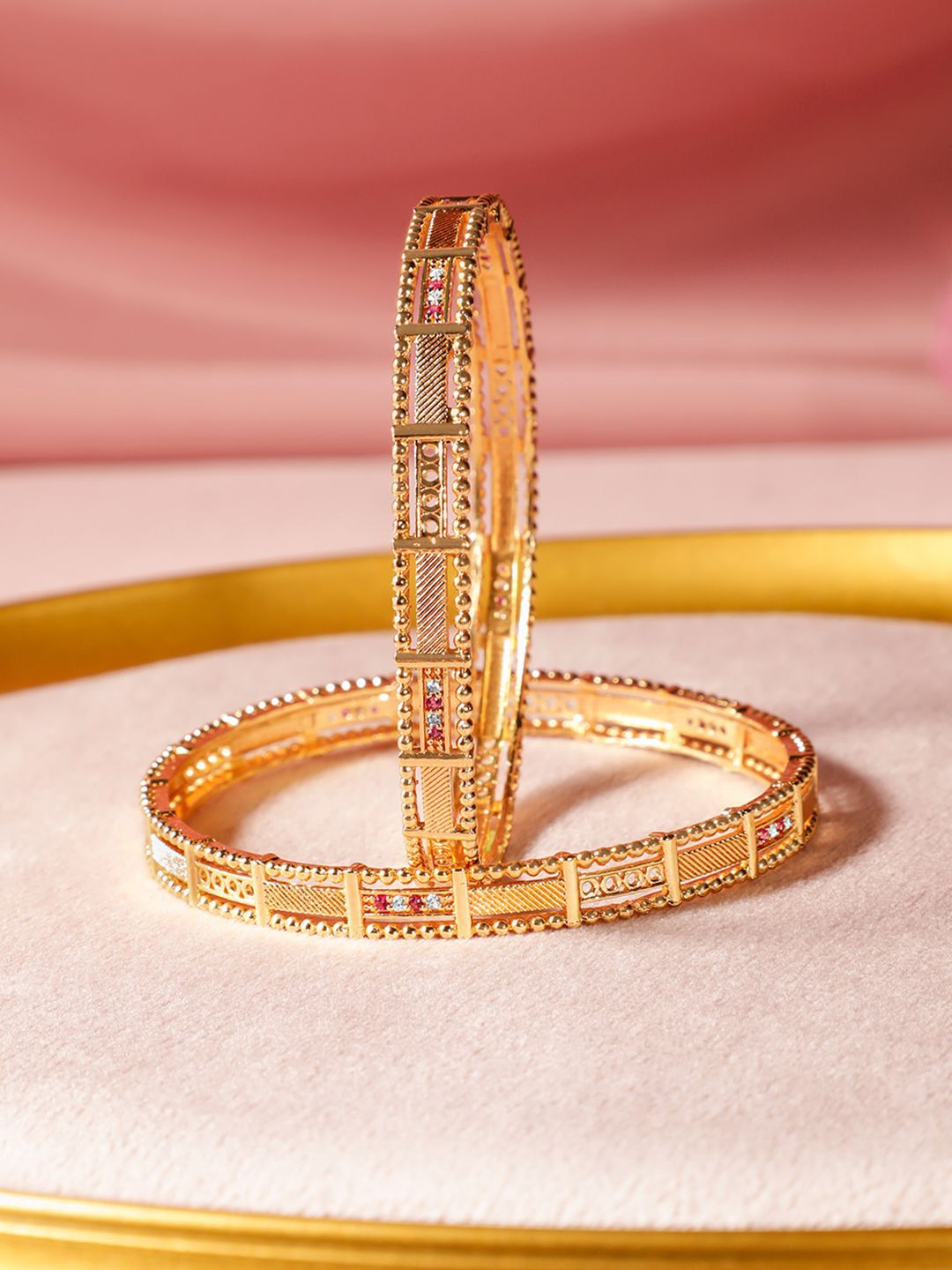 Rubans Set of 2, 18K Gold-Plated Rectangular Motif Bangles with Intricate Detailing