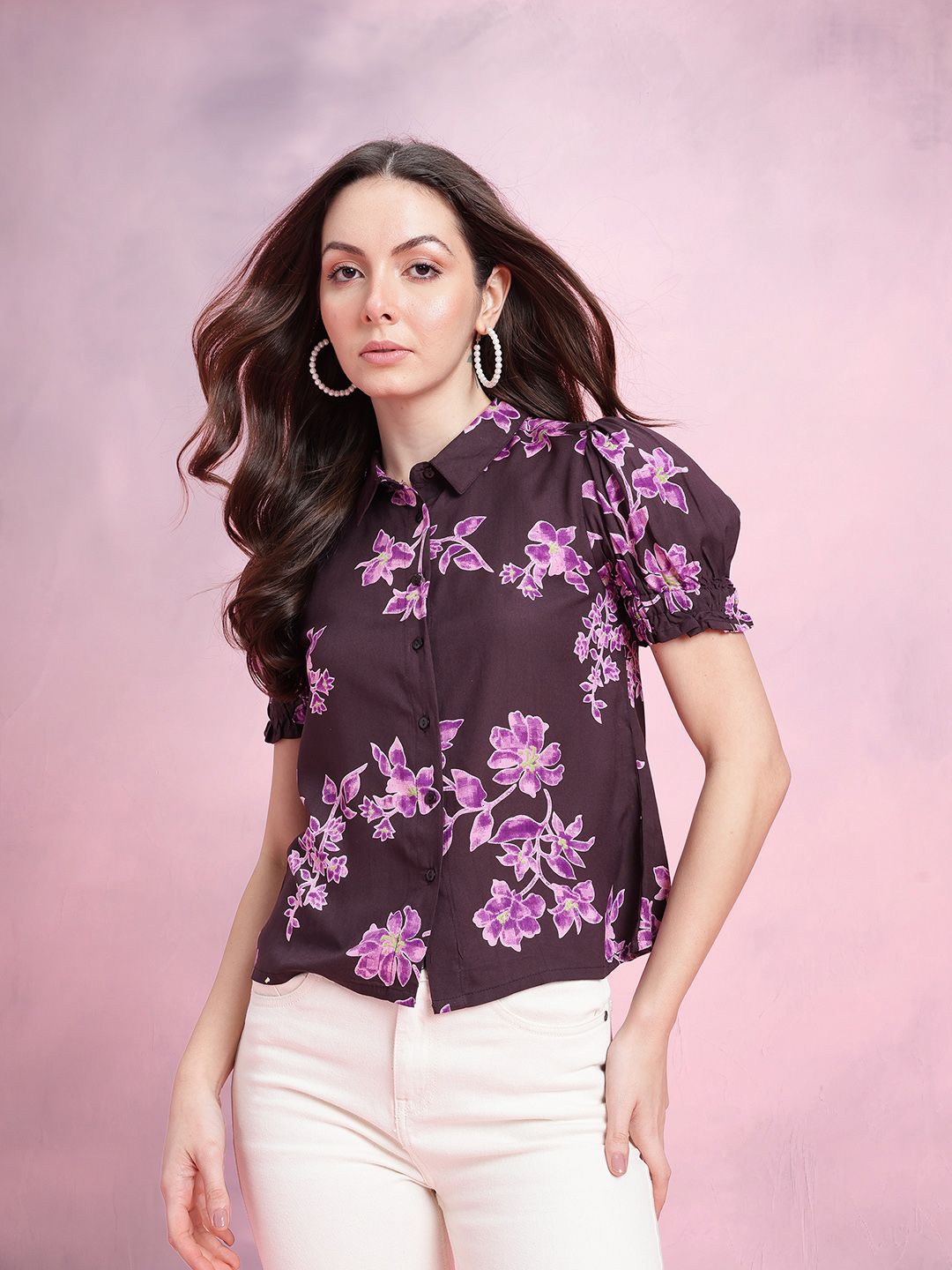 DressBerry Floral Print Puff Sleeves Shirt Style Top