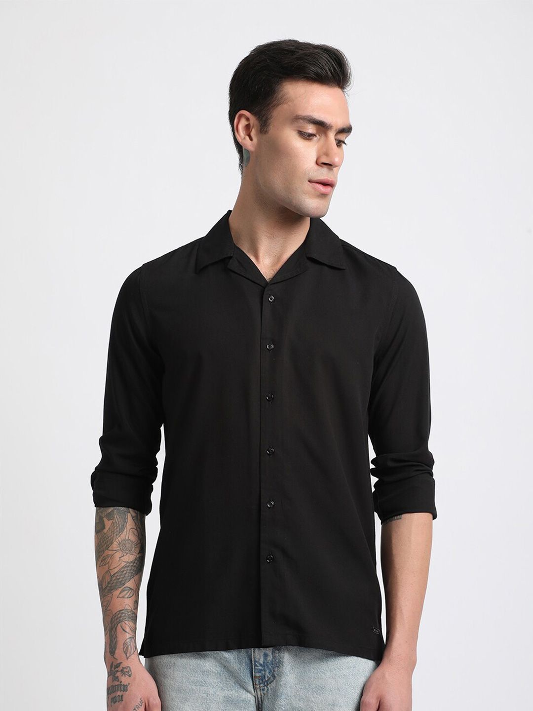 THE BEAR HOUSE Slim Fit Cuban Collar Long Sleeve Casual Shirt