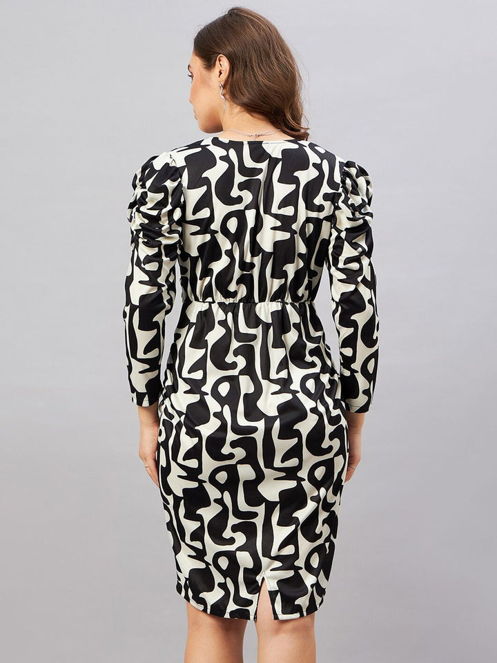 Antheaa Black & Off White Abstract Printed V-Neck Gathered Sheath Dress