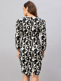 Antheaa Black & Off White Abstract Printed V-Neck Gathered Sheath Dress