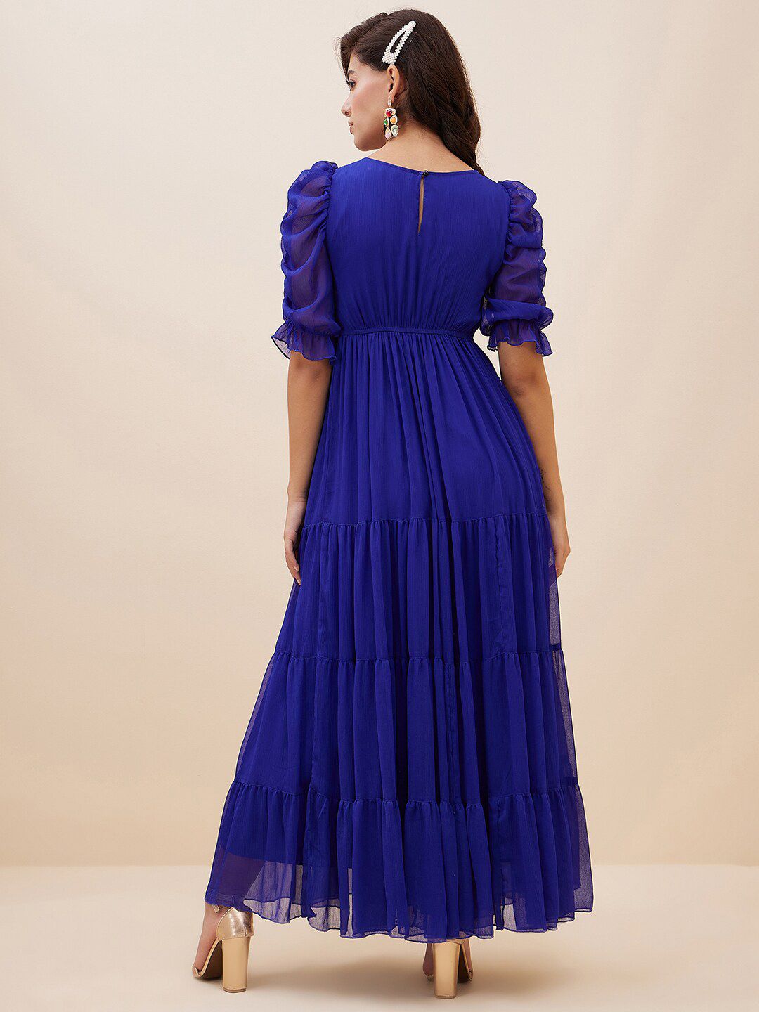 Antheaa Embellished Puff Sleeves Chiffon Fit and Flare Maxi Dress