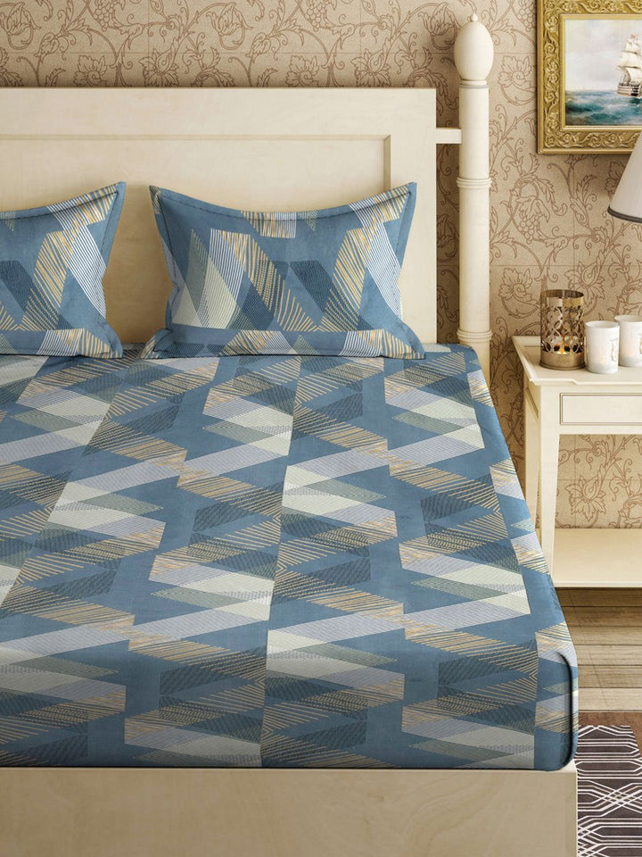 KLOTTHE Turquoise Blue Printed 300 TC Dilengkapi Cadar King Double Dengan 2 Sarung Bantal