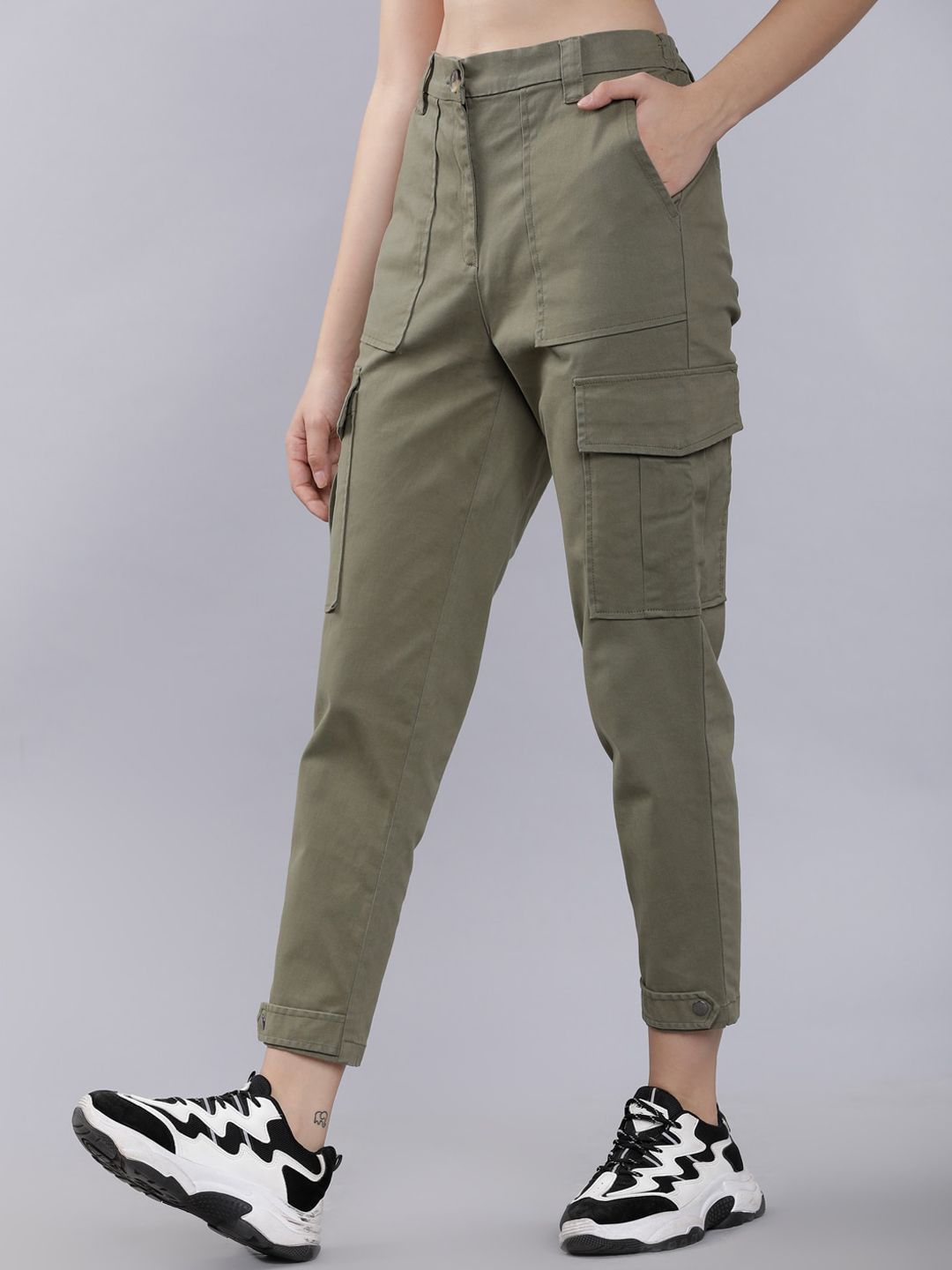 Tokyo Talkies Women Olive Green Slim Fit Solid Cargos