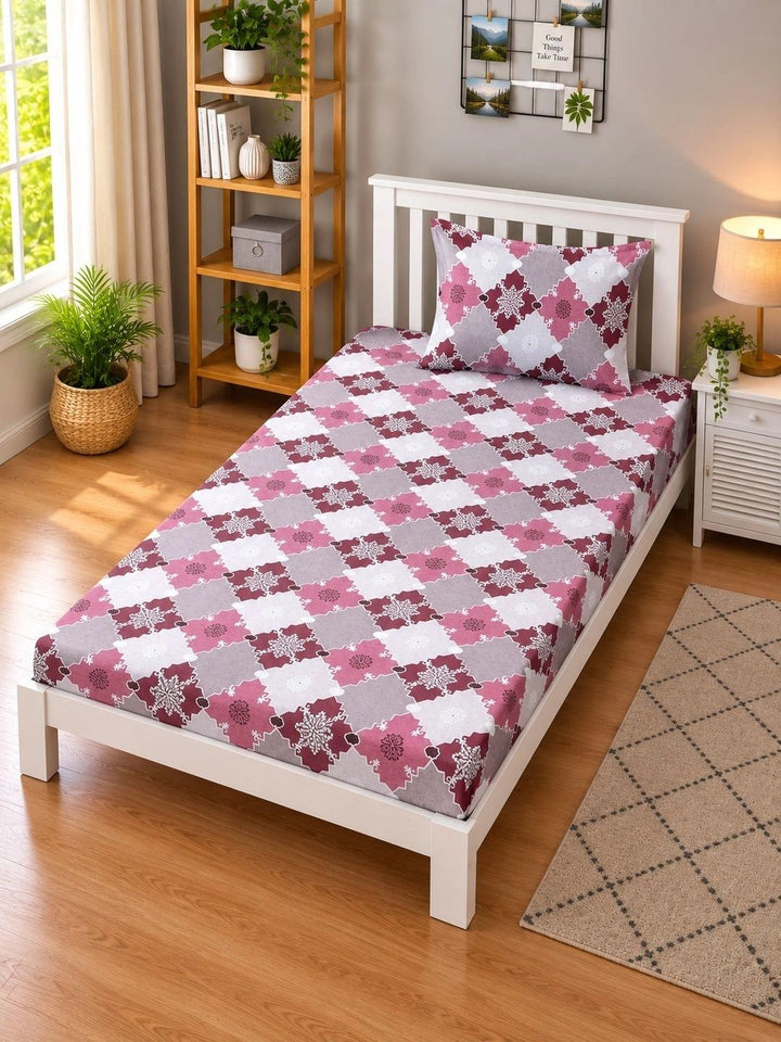 Moda Rapido X KLOTTHE Pink & Grey Geometric 400 TC Single Bedsheet with 1 Pillow Covers