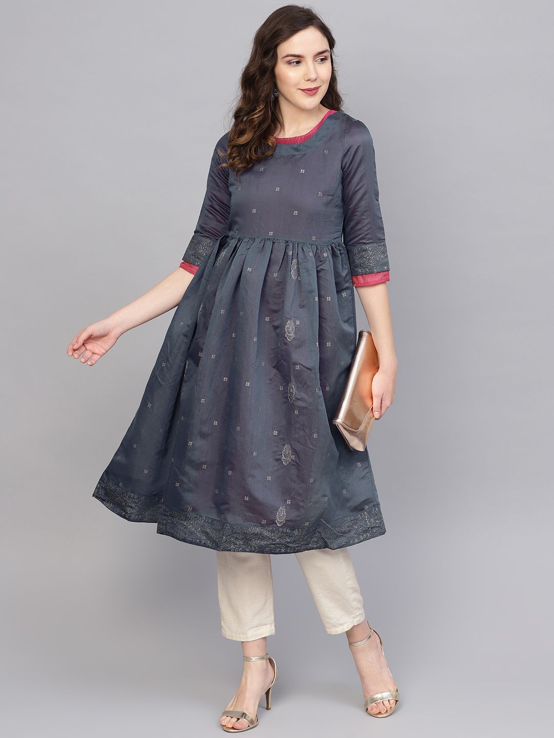 W Wanita Tentera Laut Blue dicetak A-line kurta