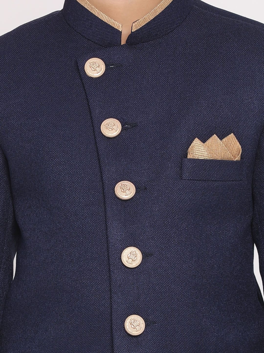 VASTRAMAY Boys Navy Blue & Gold-Coloured Solid Slim-Fit Jute Cotton Sherwani Set