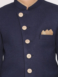 VASTRAMAY Boys Navy Blue & Gold-Coloured Solid Slim-Fit Jute Cotton Sherwani Set