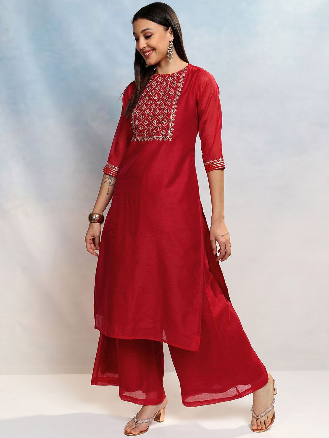 Vishudh Women Ethnic Motifs Embroidered Regular Thread Work Kurta with Palazzos