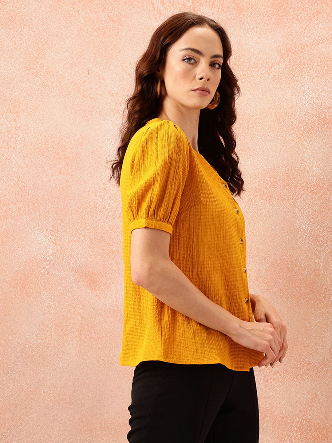 all about you Textured Puff Sleeves Top