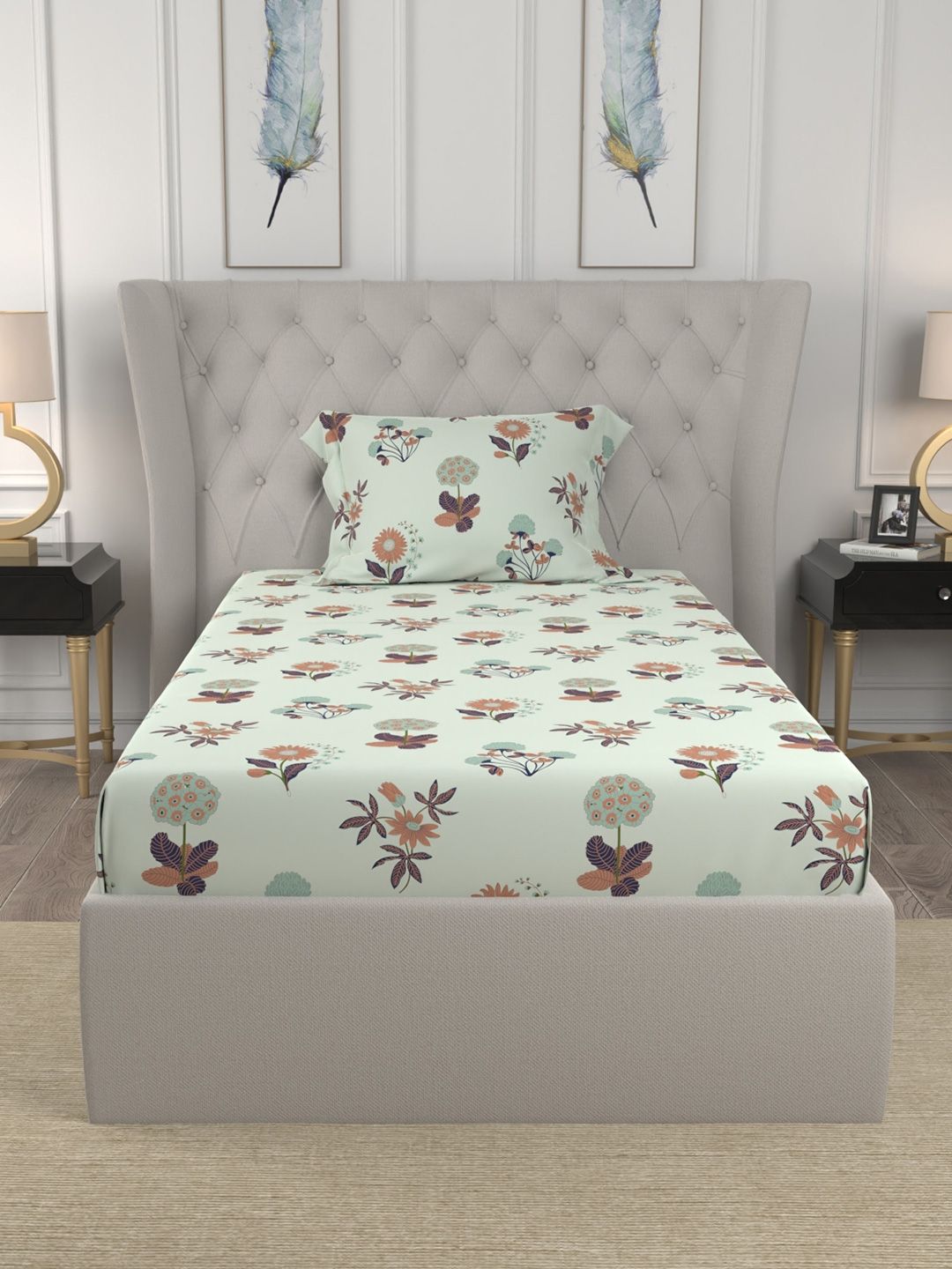 URBAN SPACE Radiance Grey 200 TC Floral Single Bedsheet