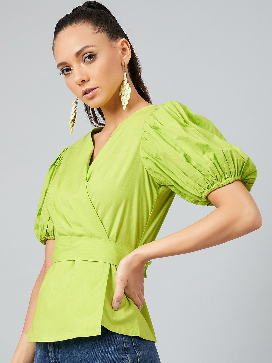 Athena Lime Green Knotted Wrap Top With Puffed Sleeves